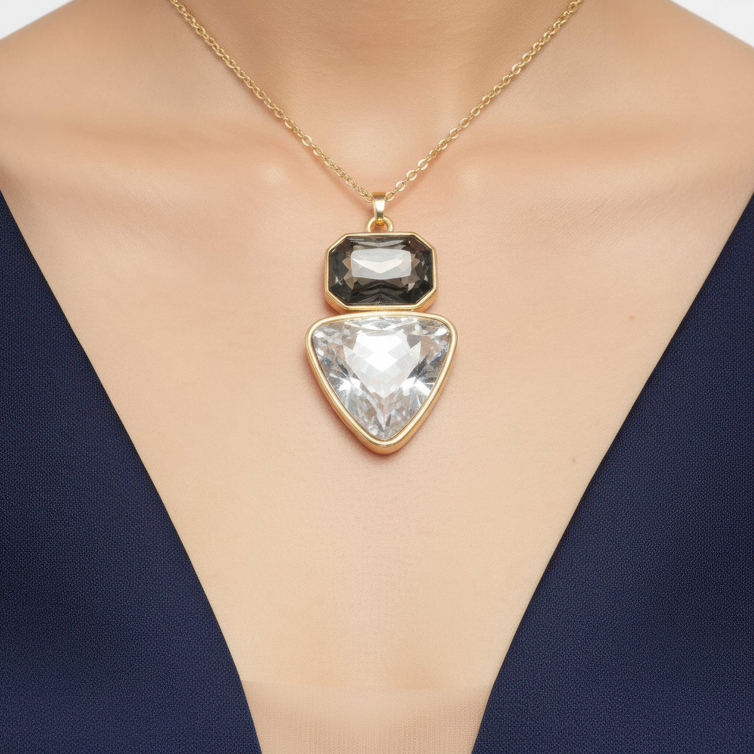 PRAO Anti-Tarnish Rectangle & Triangle Pendant Necklace with Earrings