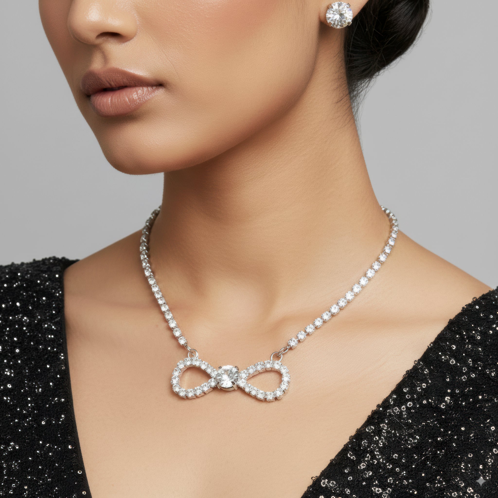 PRAO Necklace Anti-Tarnish Infinity Crystal Pendant Set with Earrings