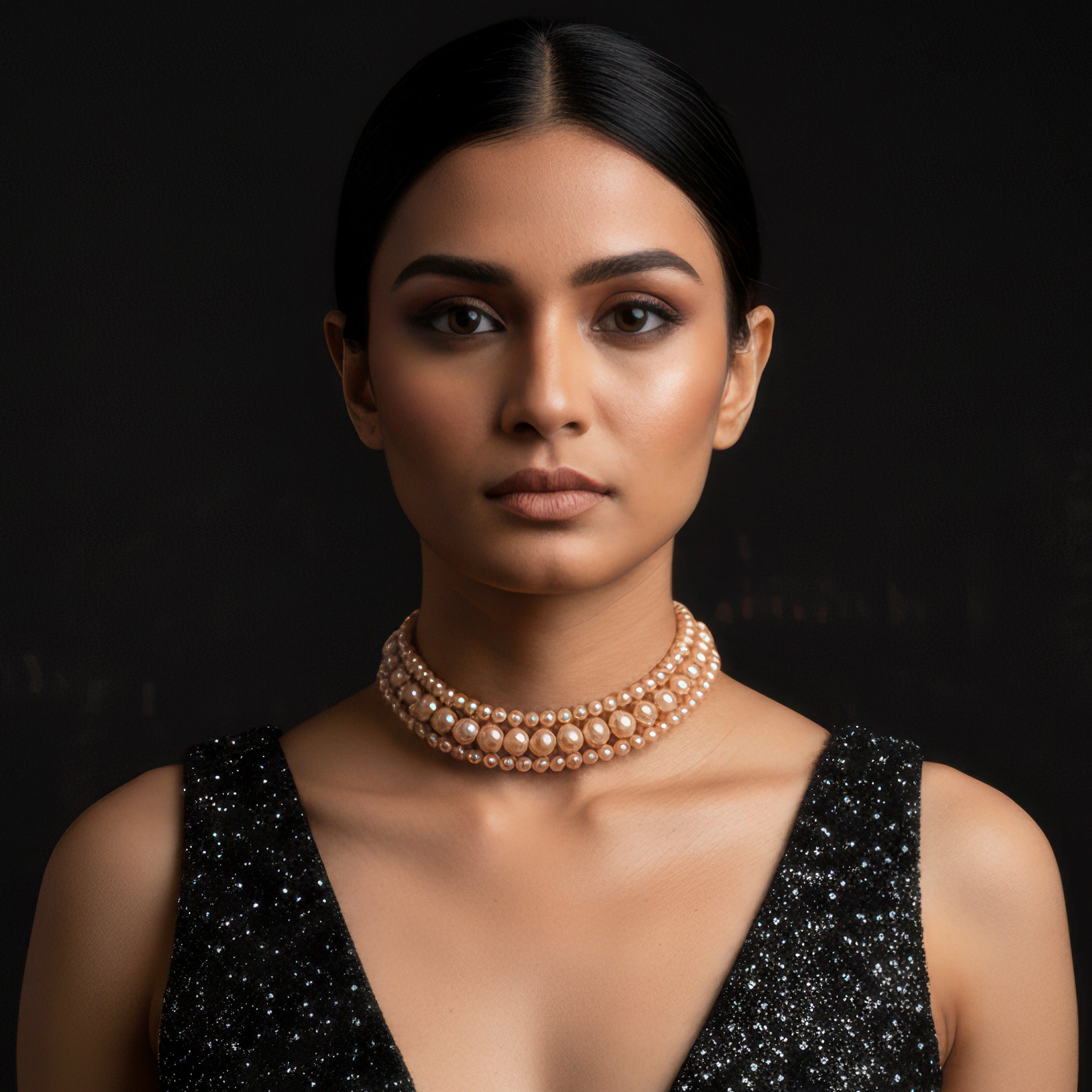 PRAO Triple Layer Golden Brown Pearl Choker Necklace