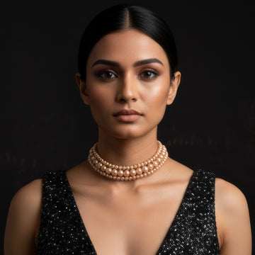 PRAO Triple Layer Golden Brown Pearl Choker Necklace