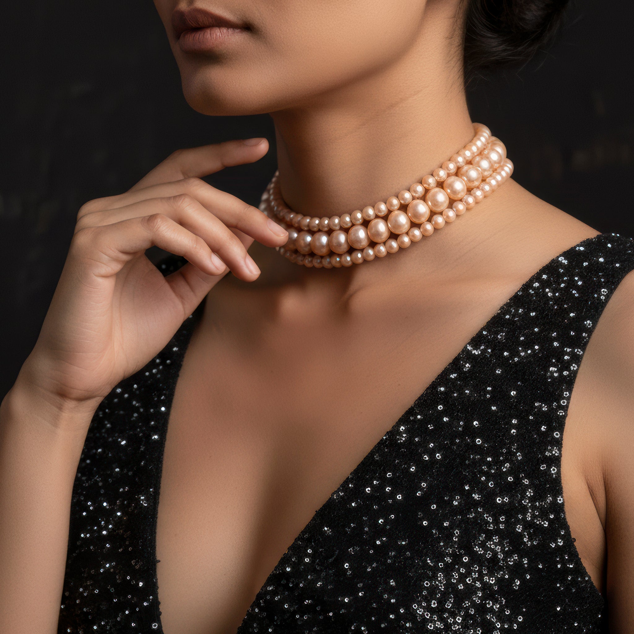 PRAO Necklace Triple Layer Golden Brown Pearl Choker