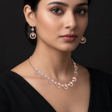 PRAO Anti-Tarnish Spacer Rhinestone Chain Circles Necklace Set with Earrings