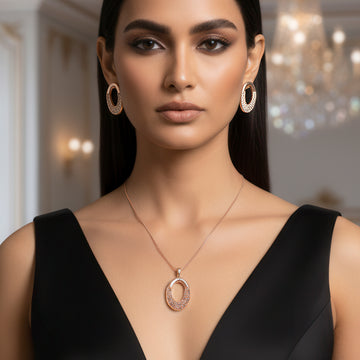 PRAO Necklace Waterproof Hollow Studded Oval Pendant Set With Earrings