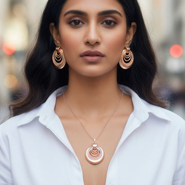 PRAO Anti-Tarnish Hollow Multi-Layer Circle Studded Pendant Necklace Set With Earrings