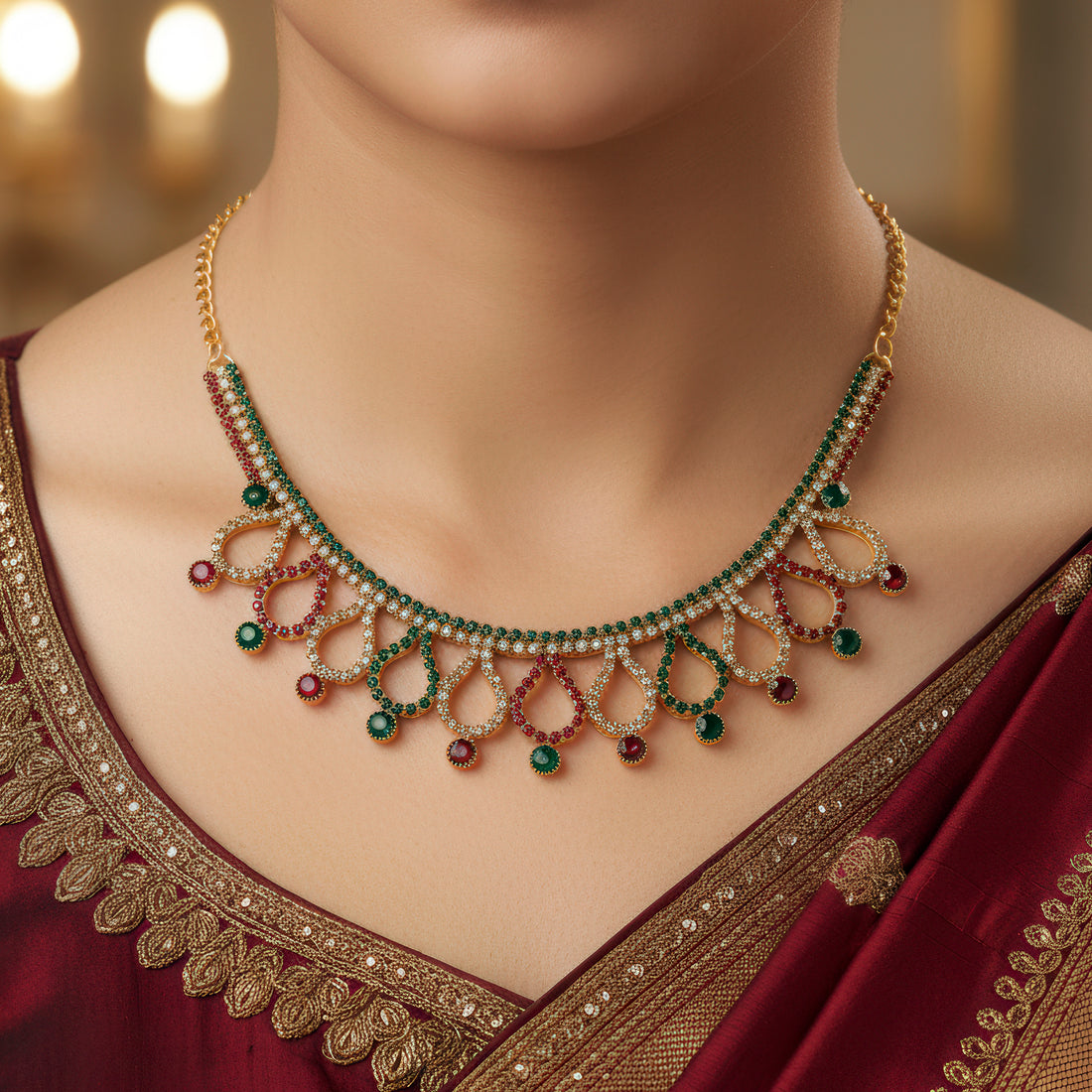 PRAO Anti-Tarnish Curvy Teardrop Rhinestone Chain Necklace Set With Earrings