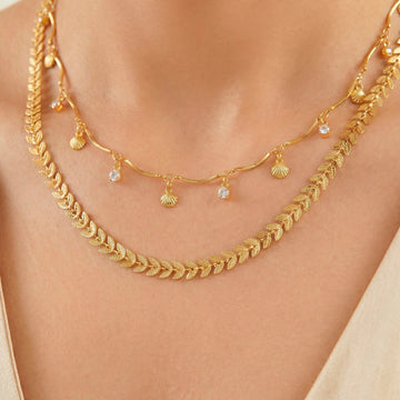 PRAO Necklace Waterproof Double Layer Chevron Chain with Shell Charms