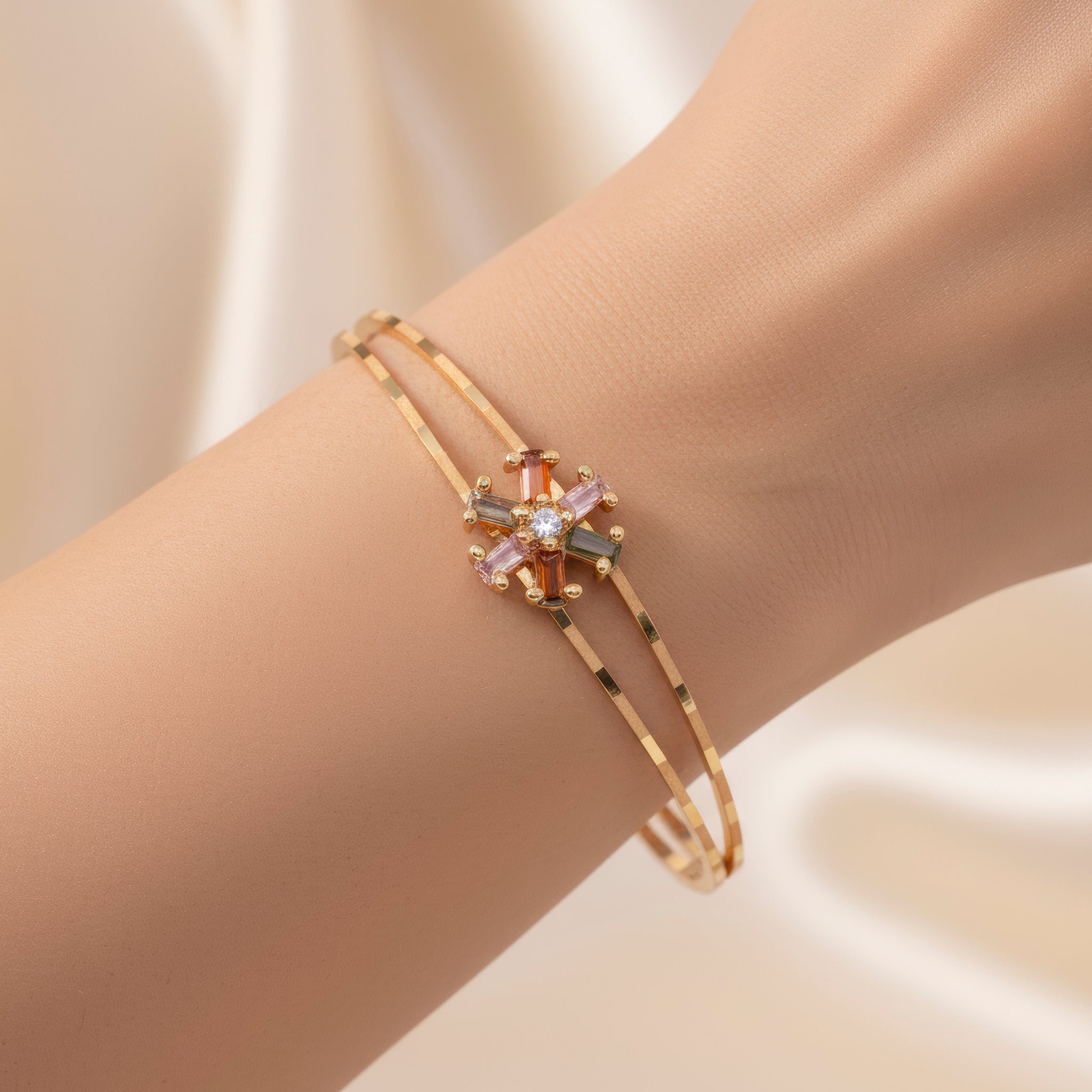 PRAO Bracelet Anti-Tarnish Double-Line Crystal Flower Bangle
