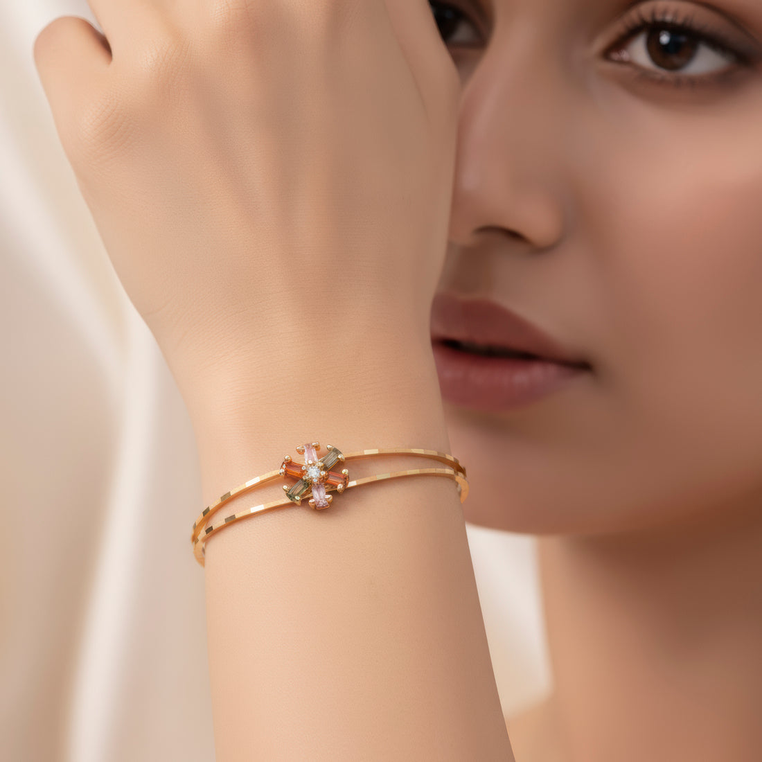 PRAO Bracelet Anti-Tarnish Double-Line Crystal Flower Bangle