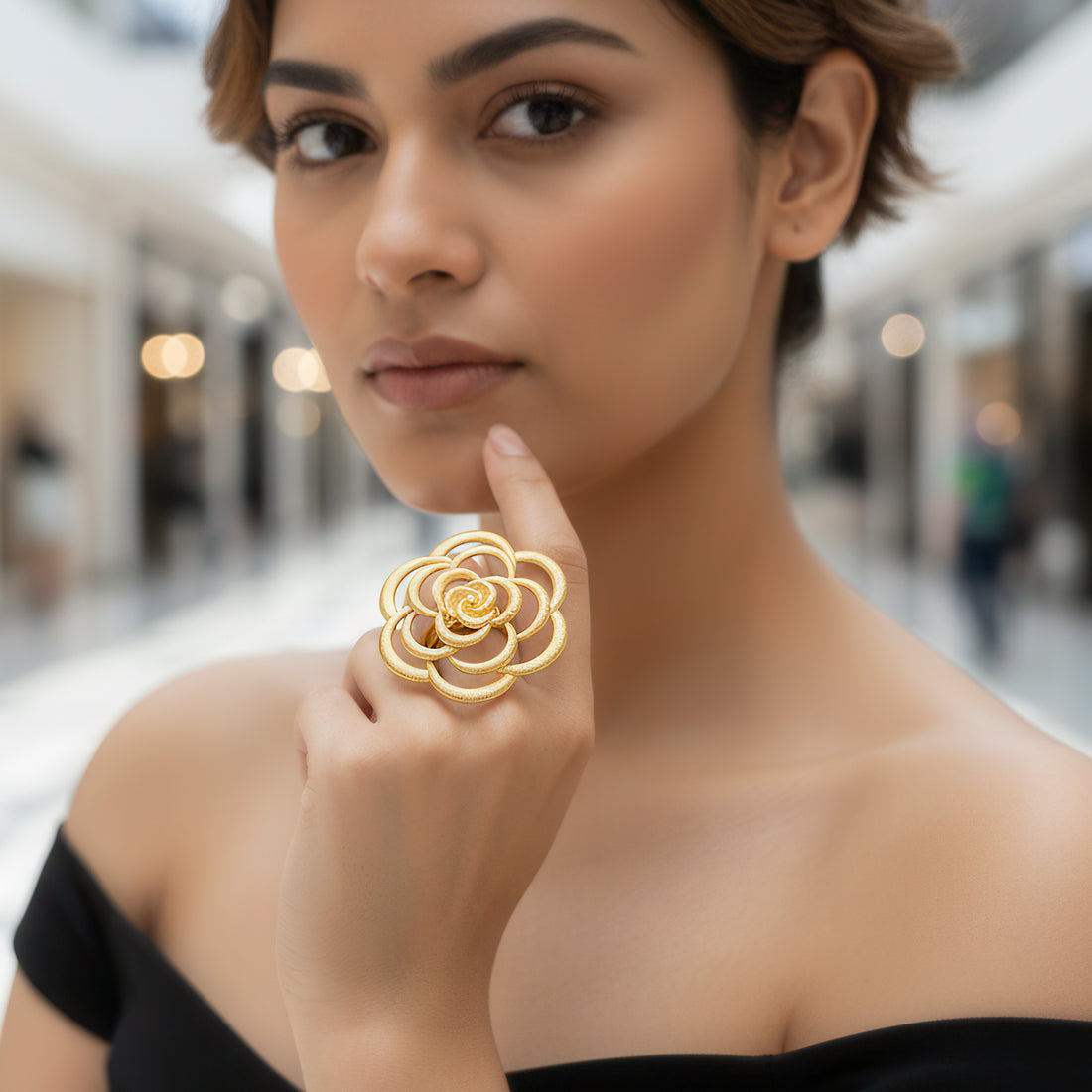 PRAO Anti-Tarnish Oversized Rose Textured Statement Ring