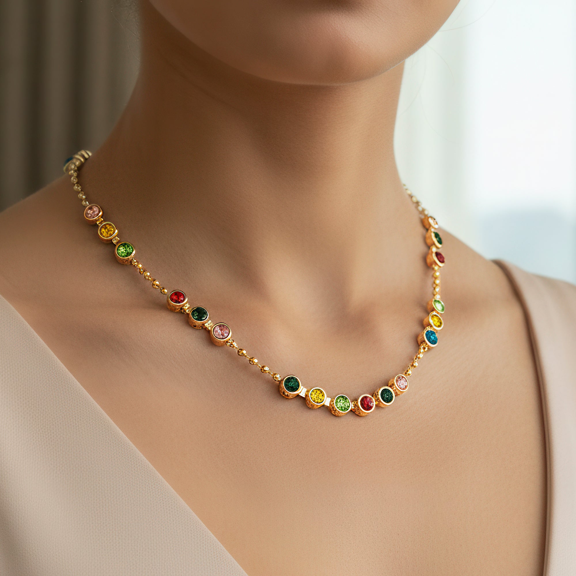 PRAO Anti-Tarnish Multi-Crystals & Ball Chain Single-Line Necklace