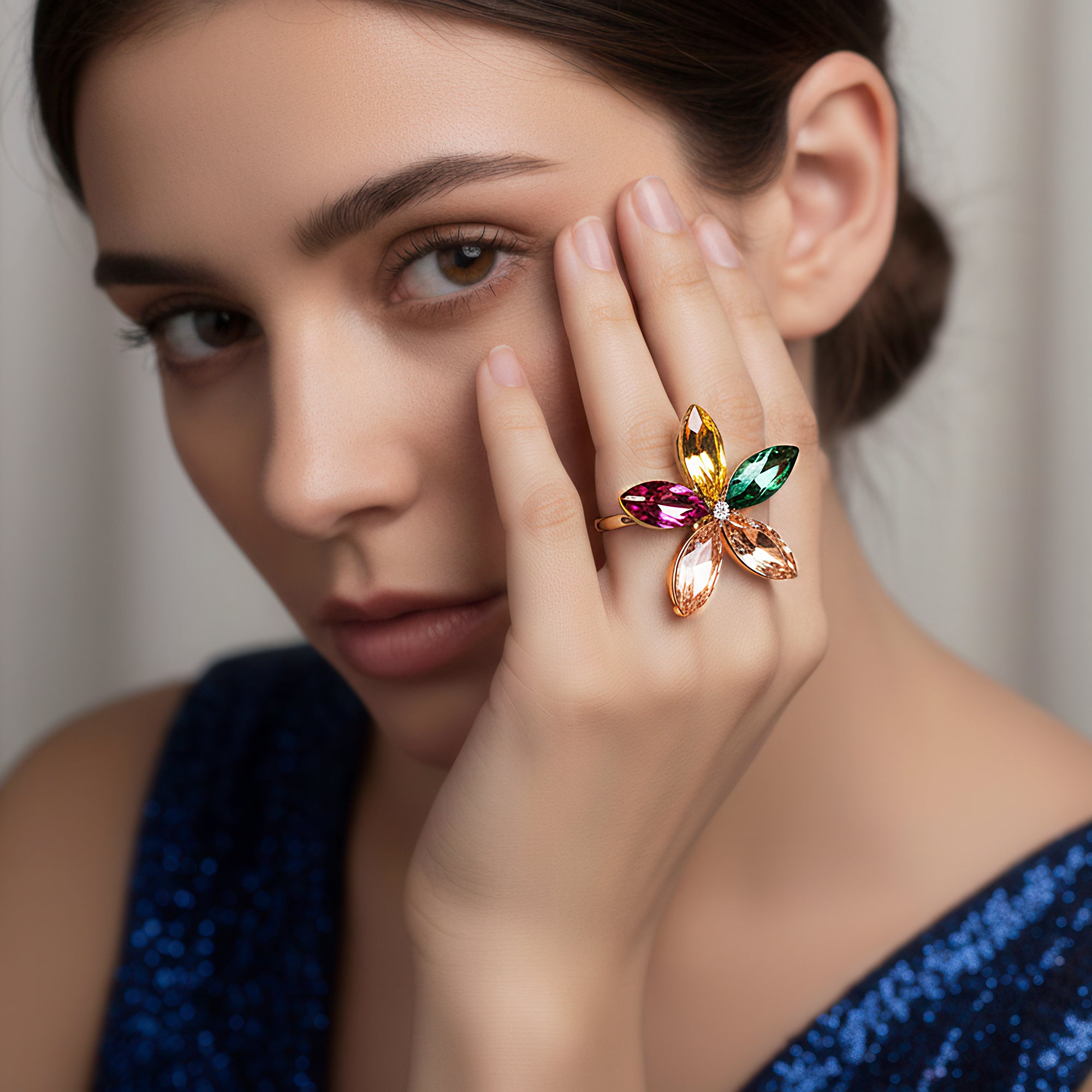 PRAO Anti-Tarnish Multicolour Crystal Flower Ring (Adjustable Size)