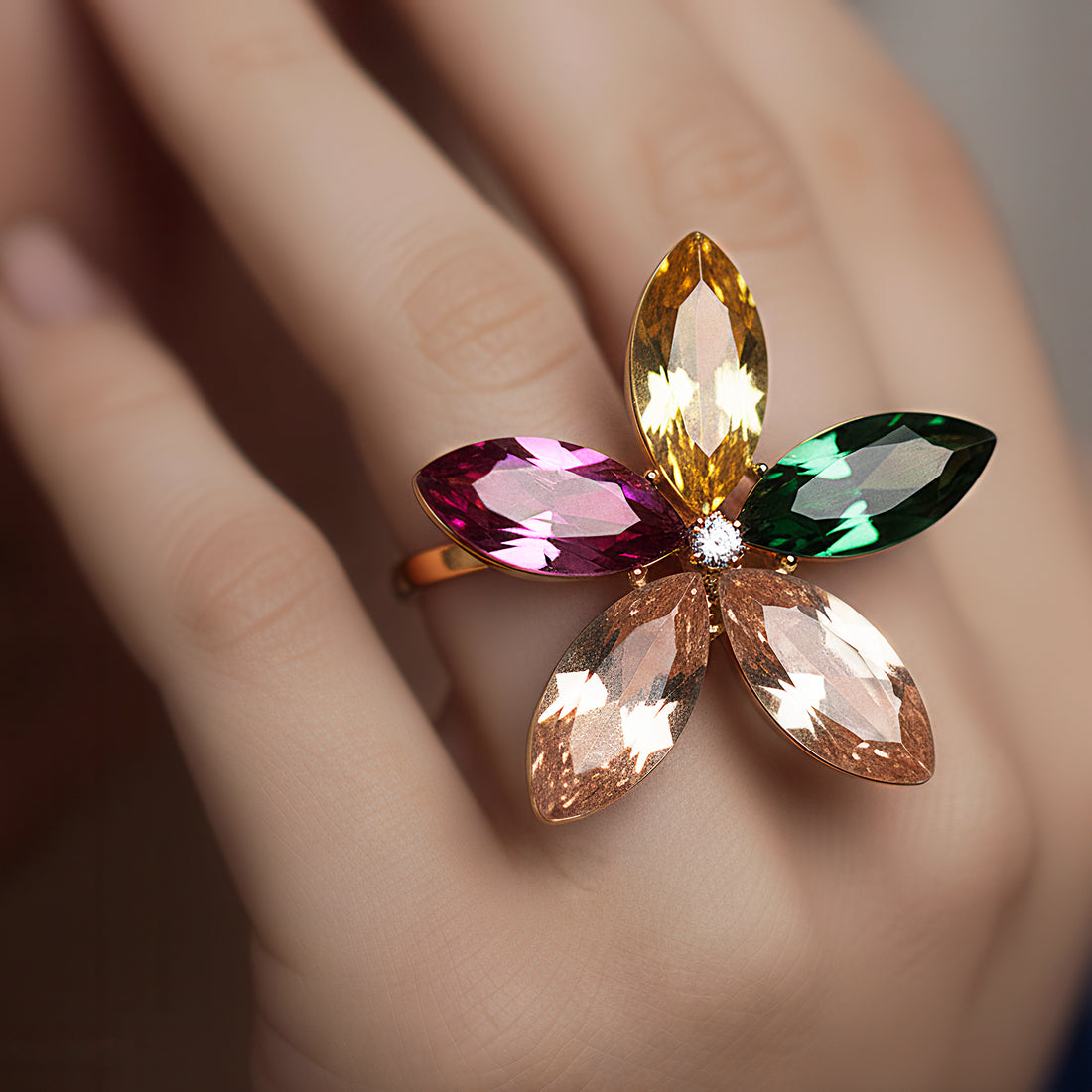 PRAO Anti-Tarnish Multicolour Crystal Flower Ring (Adjustable Size)