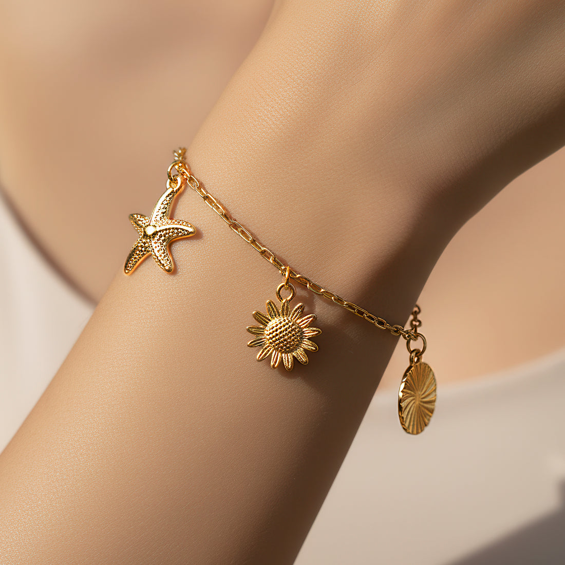PRAO Anti-Tarnish Sunflower & Starfish Charm Bracelet (Adjustable Size)