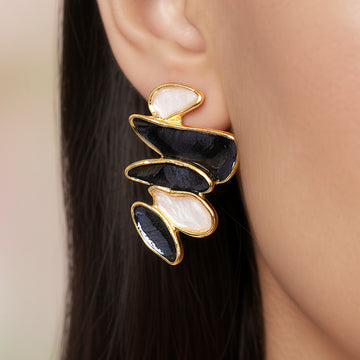 PRAO Anti-Tarnish Abstract Shapes Blue & Ivory Enamel Earrings