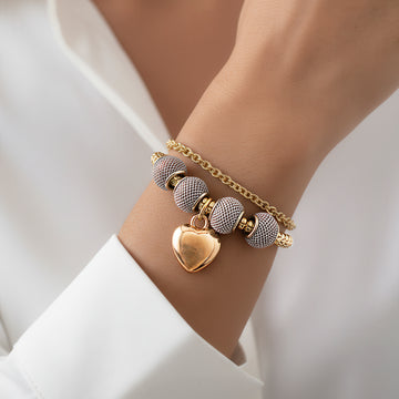 PRAO Anti-Tarnish Tri-Tone Puffy Heart Charm Bracelet (Adjustable Size)