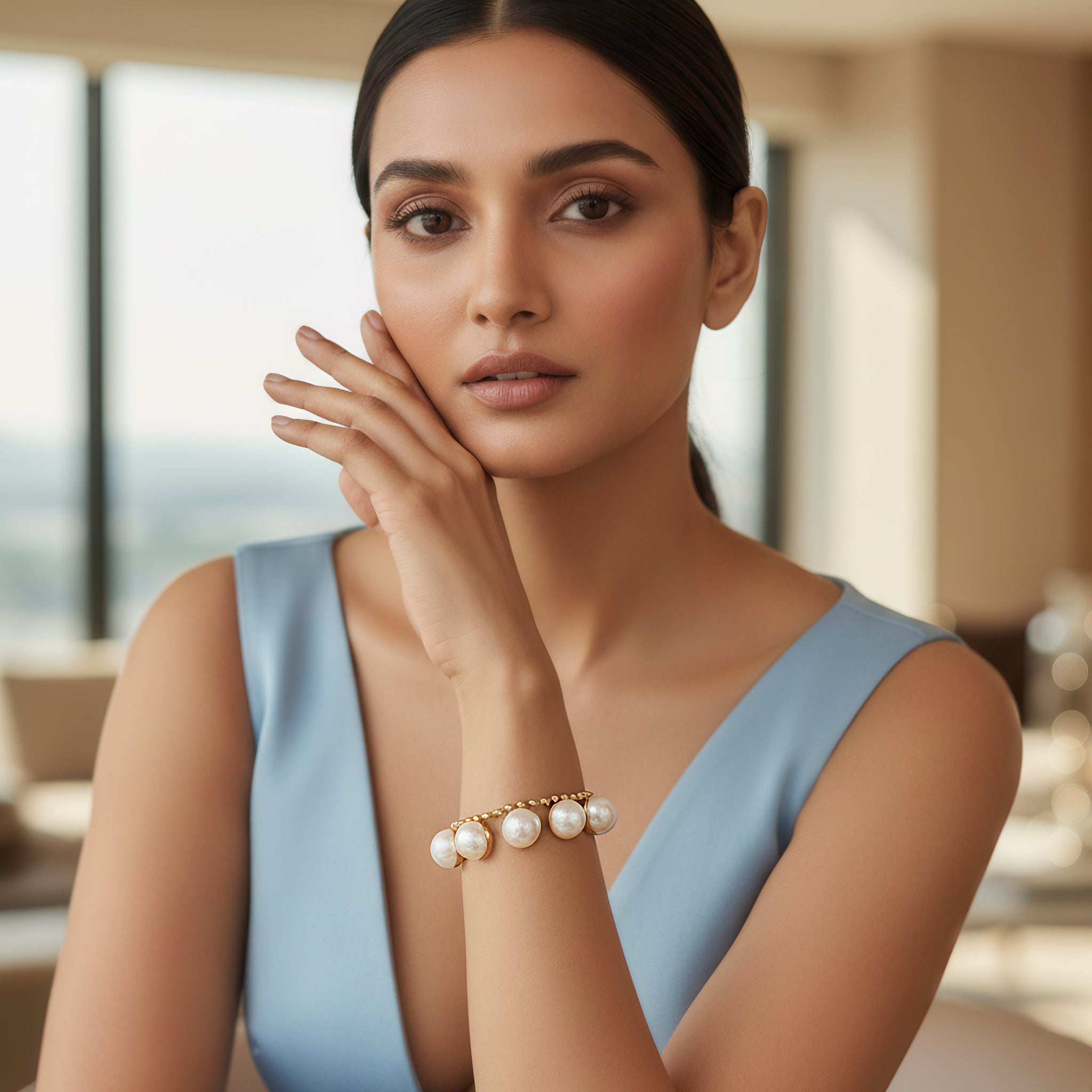 PRAO Anti-Tarnish Studded Pearl Chain Bracelet
