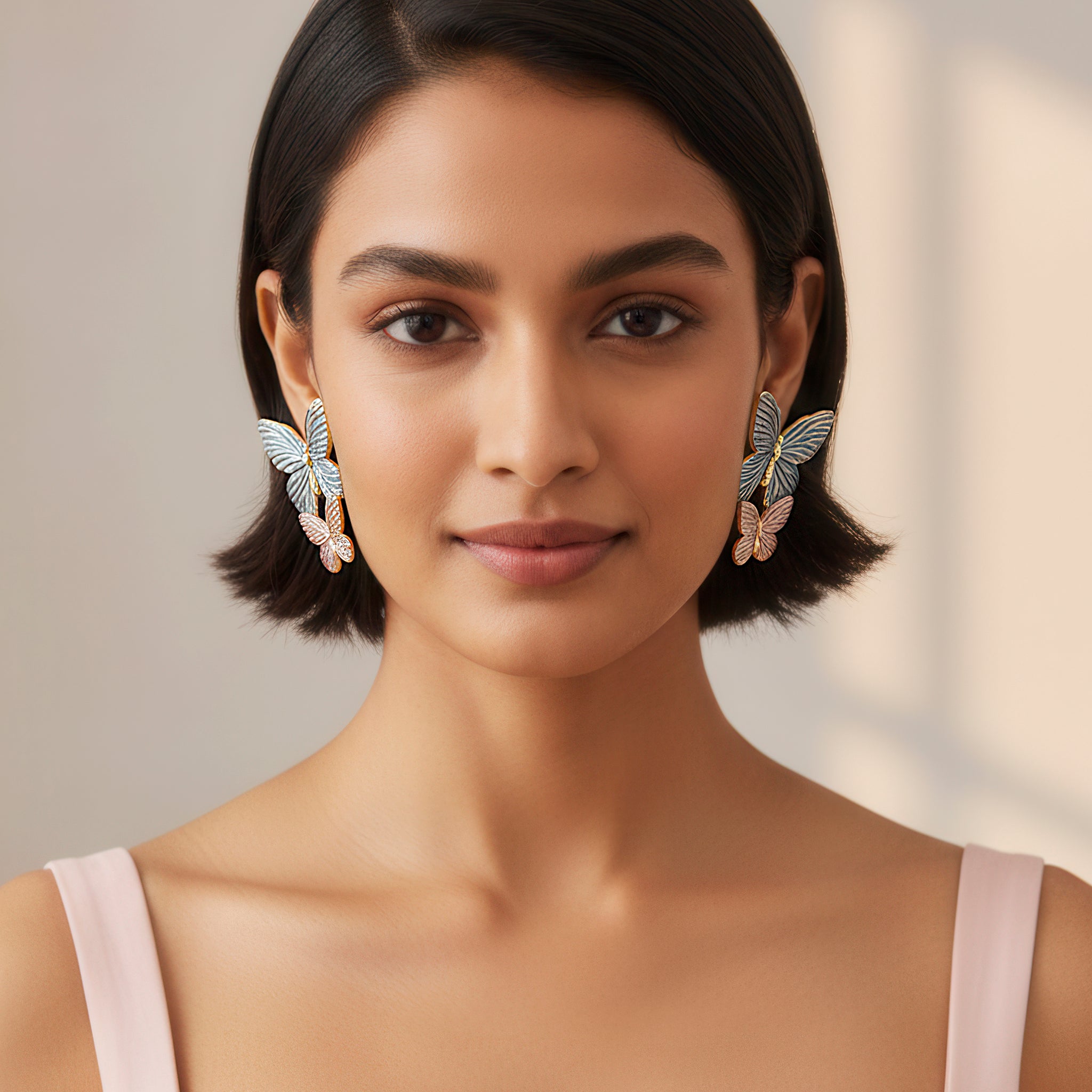 PRAO Anti-Tarnish Blue and Pink Enamel Butterfly Dangle Earrings