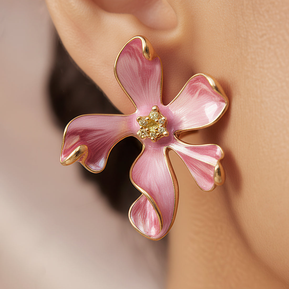 PRAO Anti-Tarnish Pink Enamel Lily Flower Studs