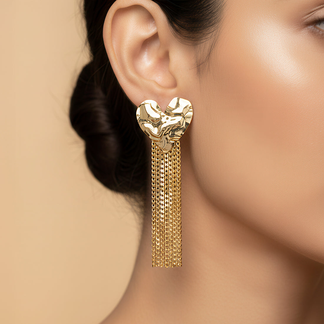 PRAO Anti-Tarnish Textured Heart Earrings with Chain Tassels