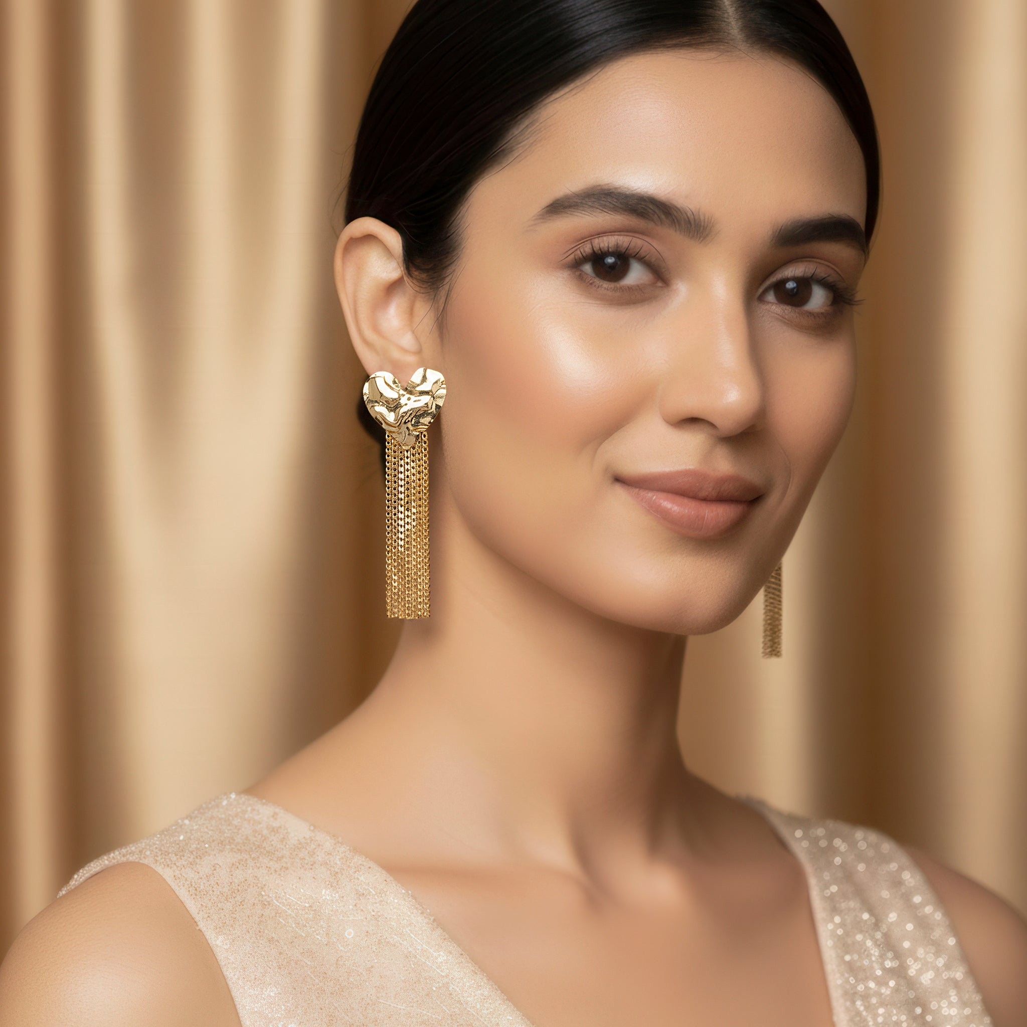 PRAO Anti-Tarnish Textured Heart Earrings with Chain Tassels