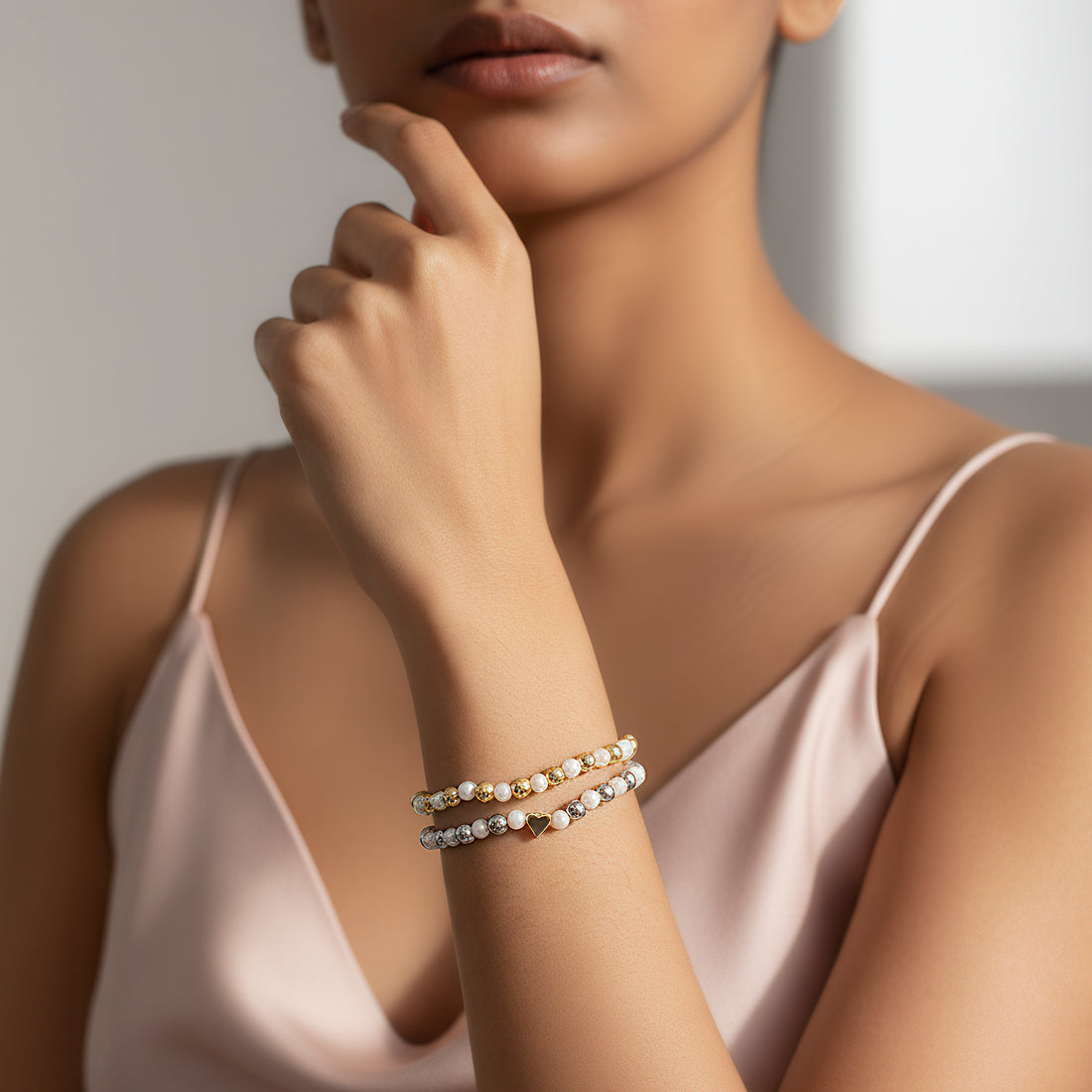 PRAO Anti-Tarnish Duo of Stretchable Bracelets with Pearl & Heart Charm