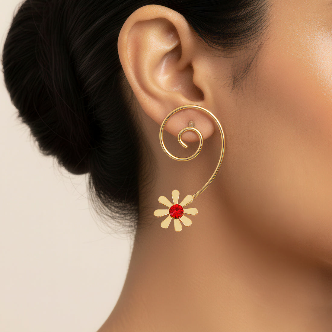 PRAO Anti-Tarnish Spiral-Wired Dangle Earrings with Floral Accent