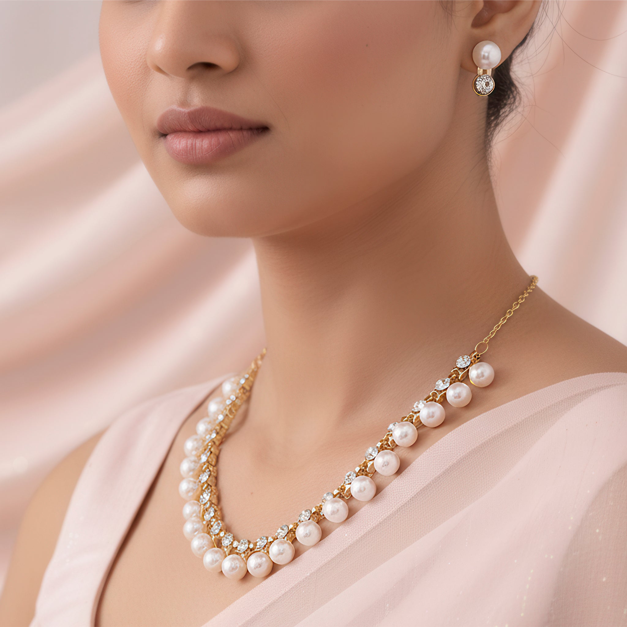 PRAO Anti-Tarnish Pearl & Crystal Studded Statement Necklace Set with Earrings