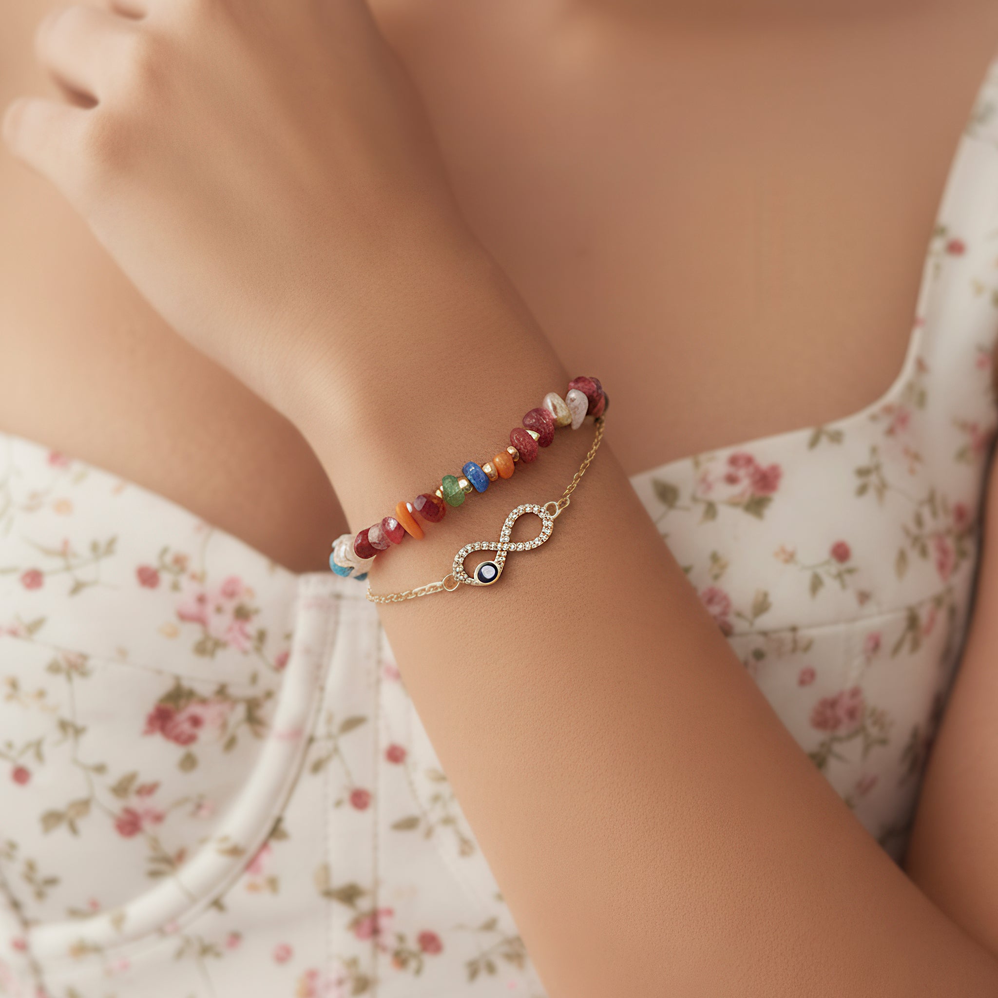 PRAO Anti-Tarnish Bracelet Set with Beads, Studded Infinity & Evil Eye (Adjustable Size)