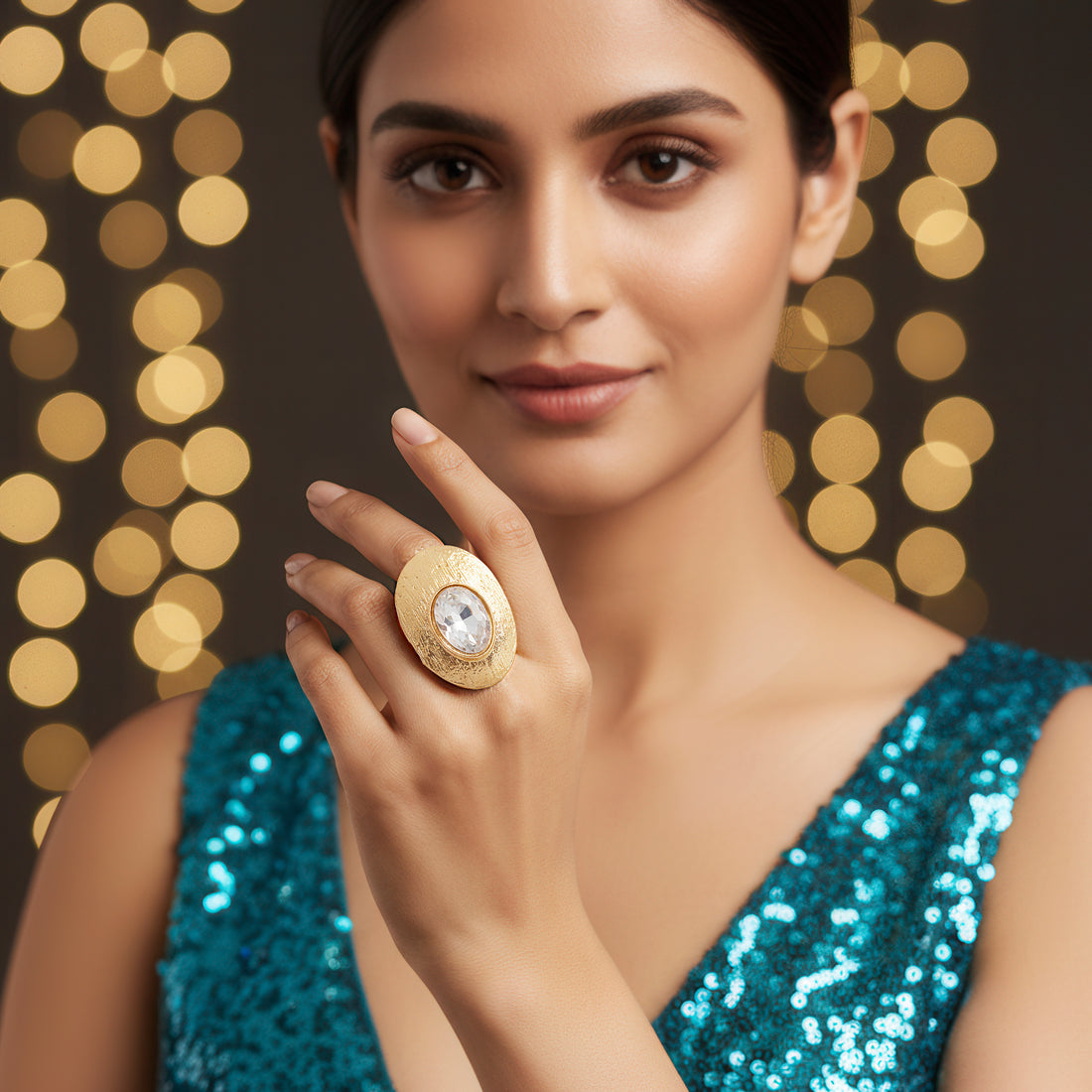 PRAO Anti-Tarnish Textured Oval Statement Ring with Crystal (Adjustable Size)