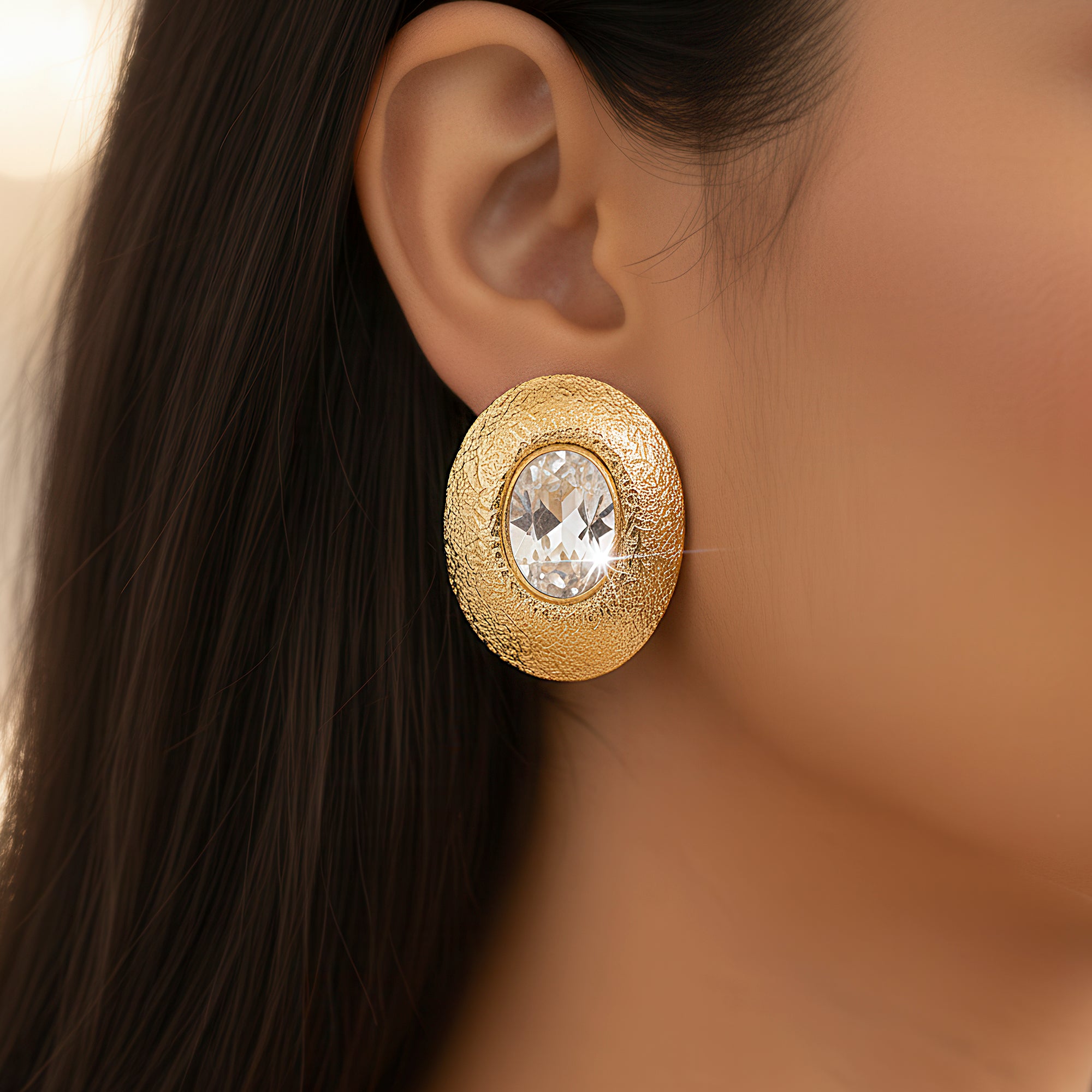 PRAO Earrings Anti-Tarnish Textured Oval Statement Studs with Crystal