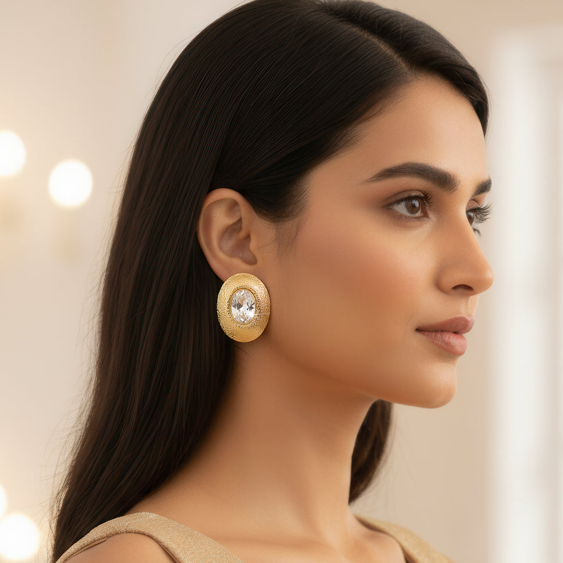 PRAO Anti-Tarnish Textured Oval Statement Earrings with Crystal
