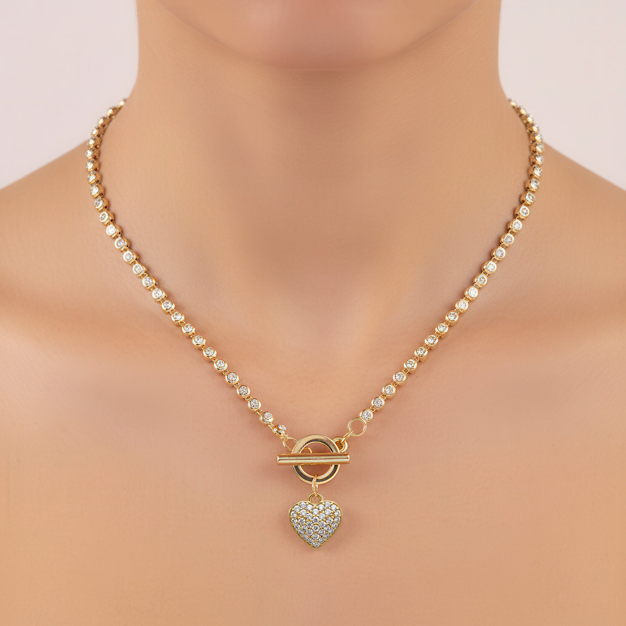 PRAO Anti-Tarnish AD-Studded Heart Charm Necklace with T-Lock