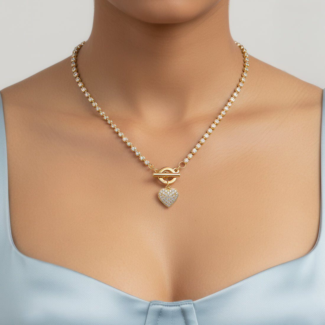 PRAO Anti-Tarnish AD-Studded Heart Charm Necklace with T-Lock