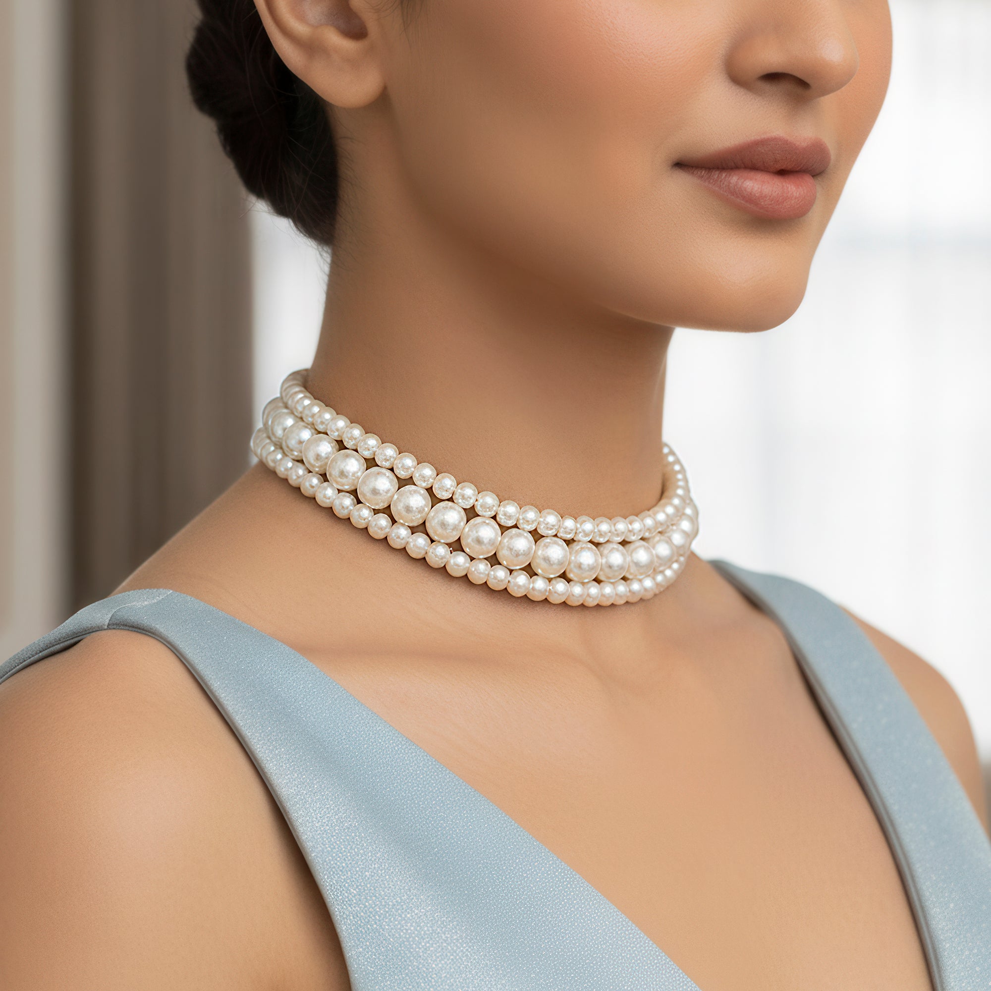 PRAO Triple Layer Pearl Choker Necklace Set