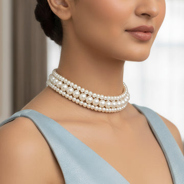 PRAO Triple Layer Pearl Choker Necklace Set