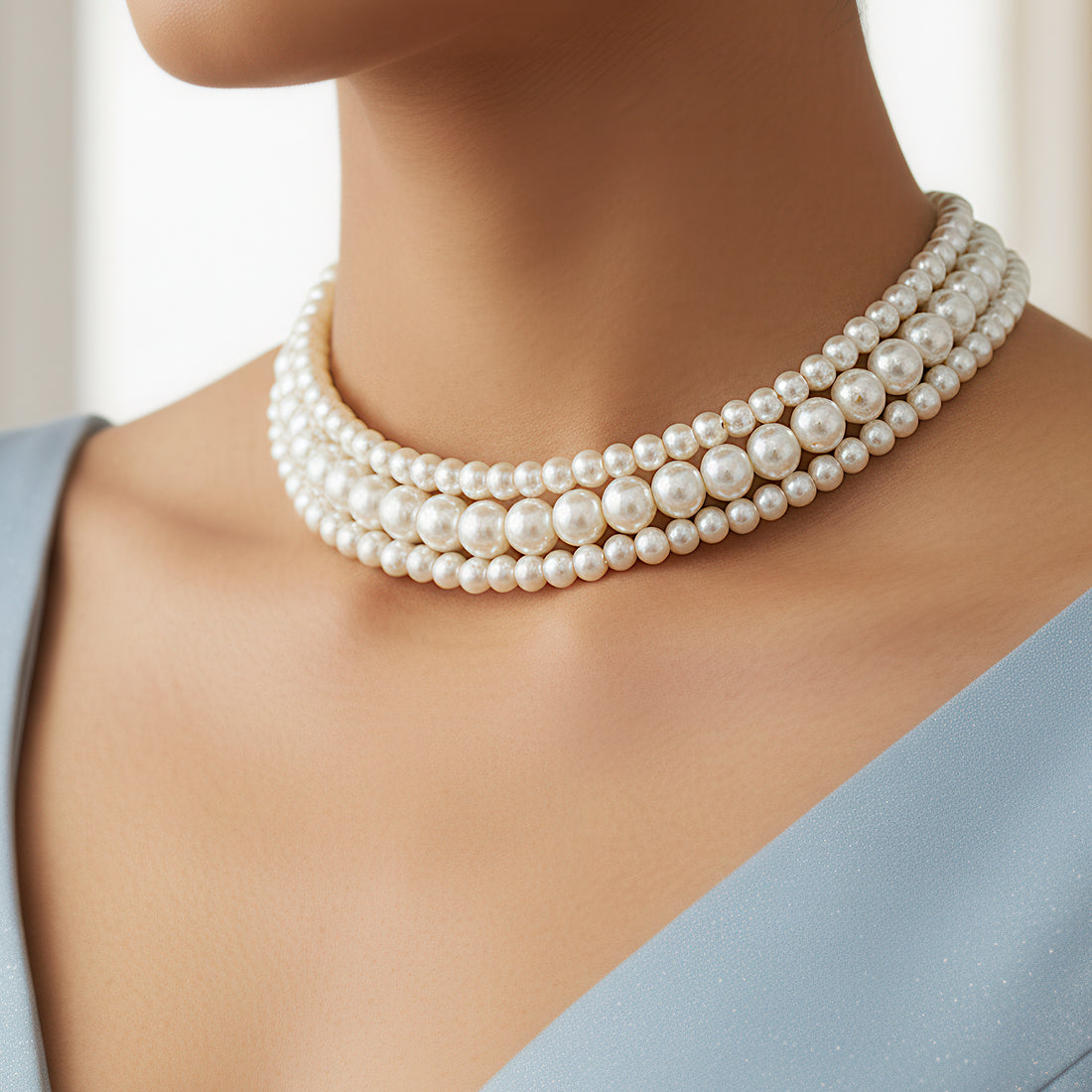 PRAO Triple Layer Pearl Choker Necklace Set