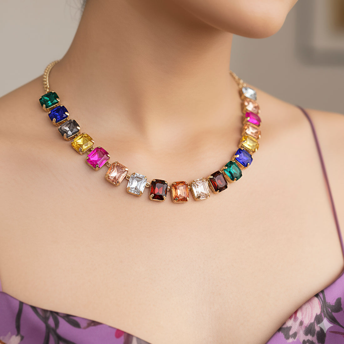 PRAO Multicolour Crystal Necklace Set With Earrings