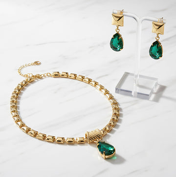 PRAO Necklace Anti-Tarnish Emerald Crystal Set With Earrings