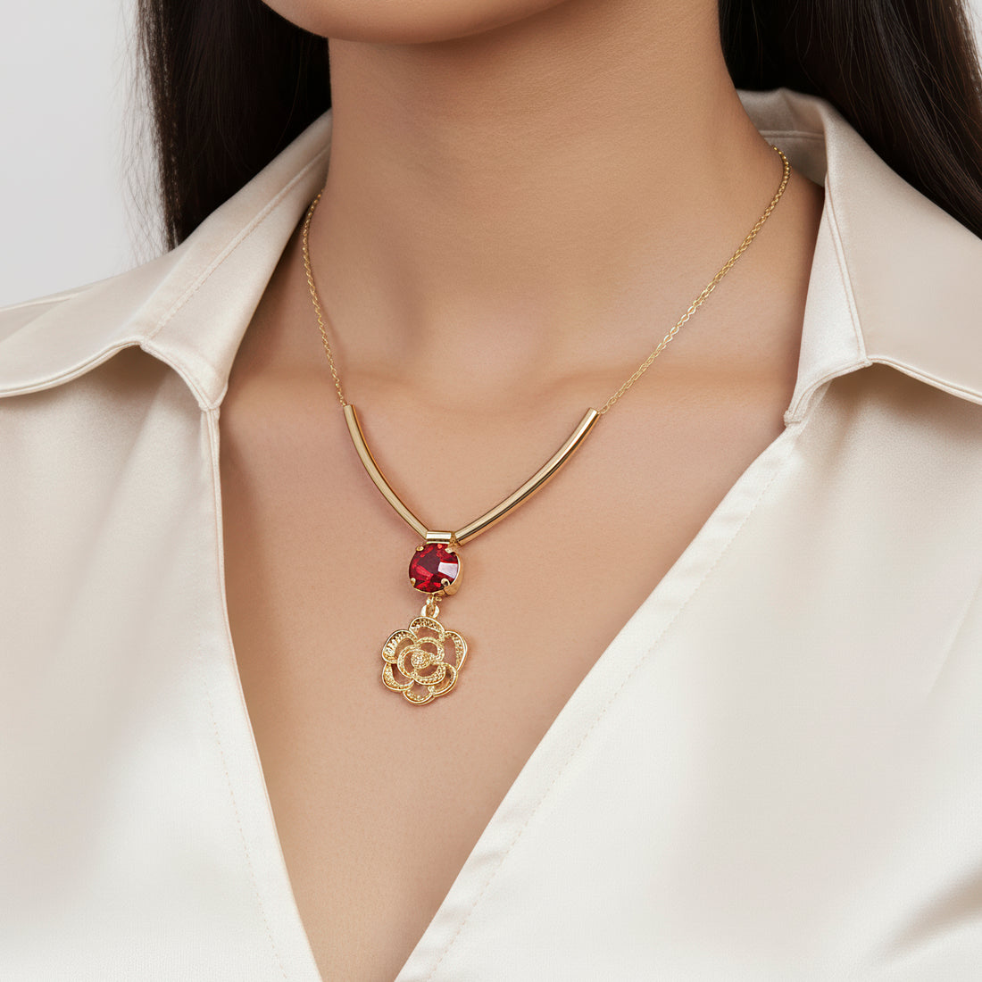 PRAO Necklace Anti-Tarnish Flower Set With Earrings