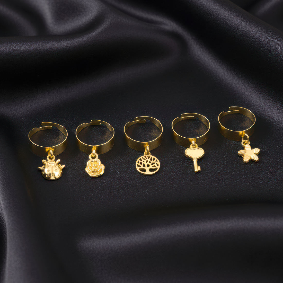 PRAO Rings Anti-Tarnish 5 Gold Plated Charms Set (Adjustable Size)