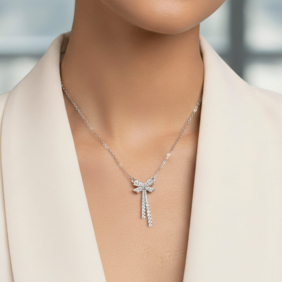 PRAO Anti-Tarnish Silver AD-Studded Bow Necklace Set with Earrings