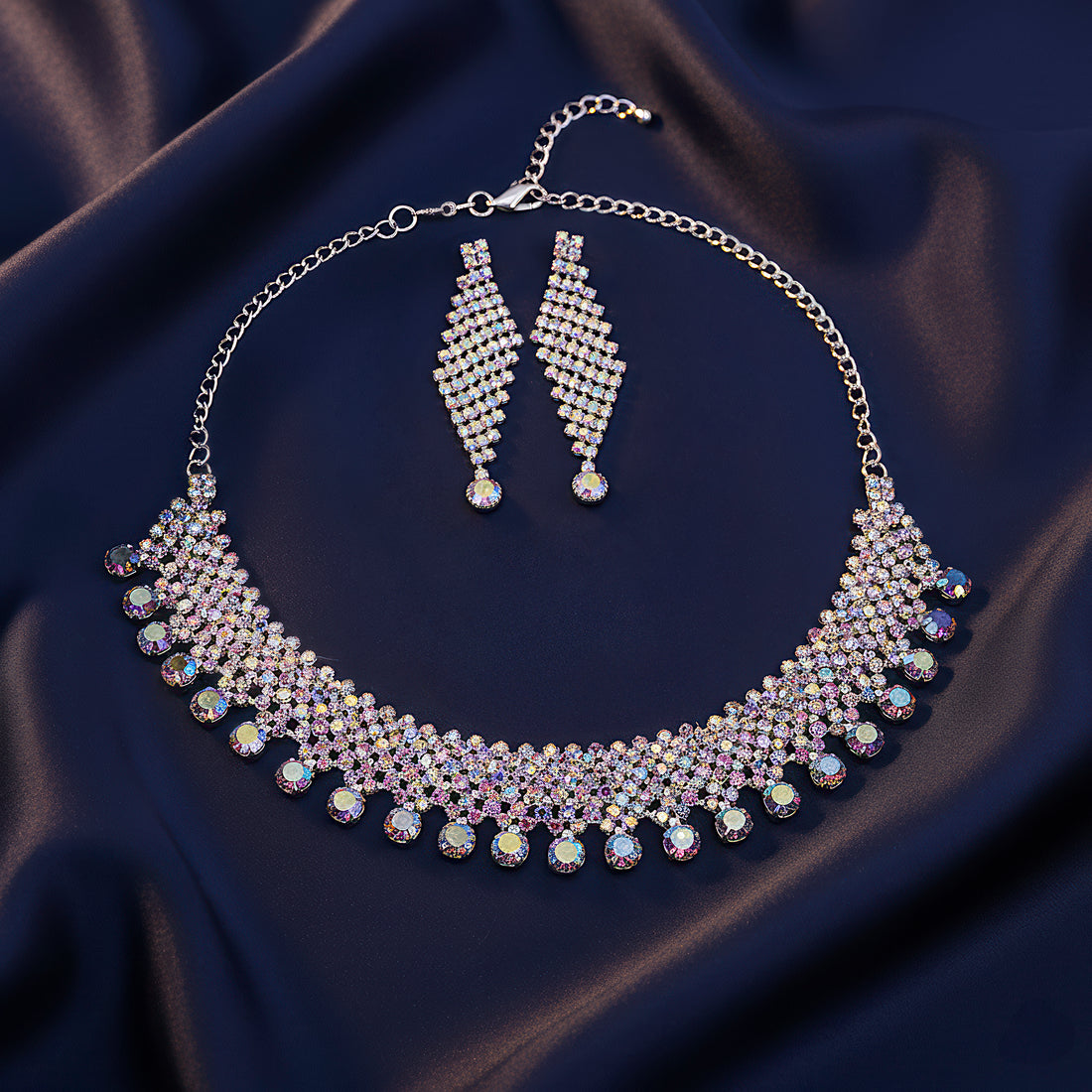 PRAO Anti-Tarnish Rainbow Rhinestone Chain Statement Necklace Set With Earrings