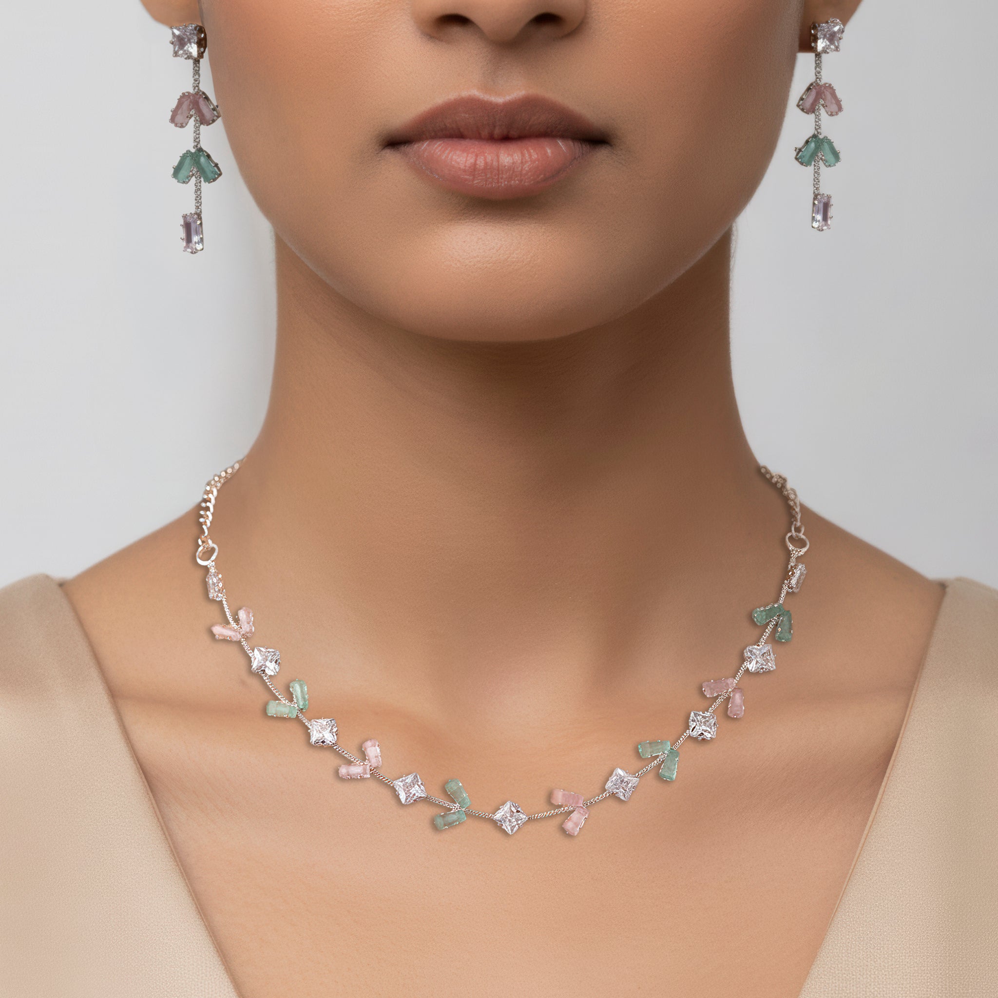 PRAO Anti-Tarnish Baguette & Square Crystals Spacer Necklace Set With Earrings