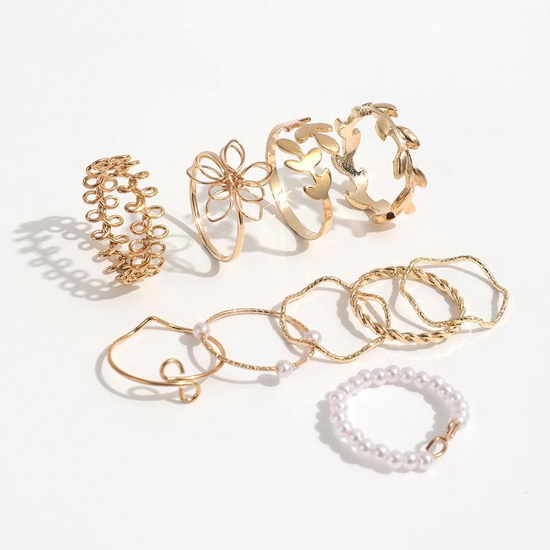 10 Anti-Tarnish Golden Ring Set: Mix of Pearls, Leaves & Chains