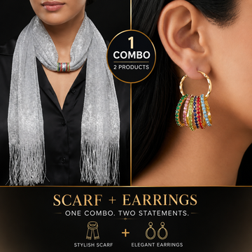PRAO COMBO ✨ Silver Scarf With Multicoloured Crystal Earrings Set