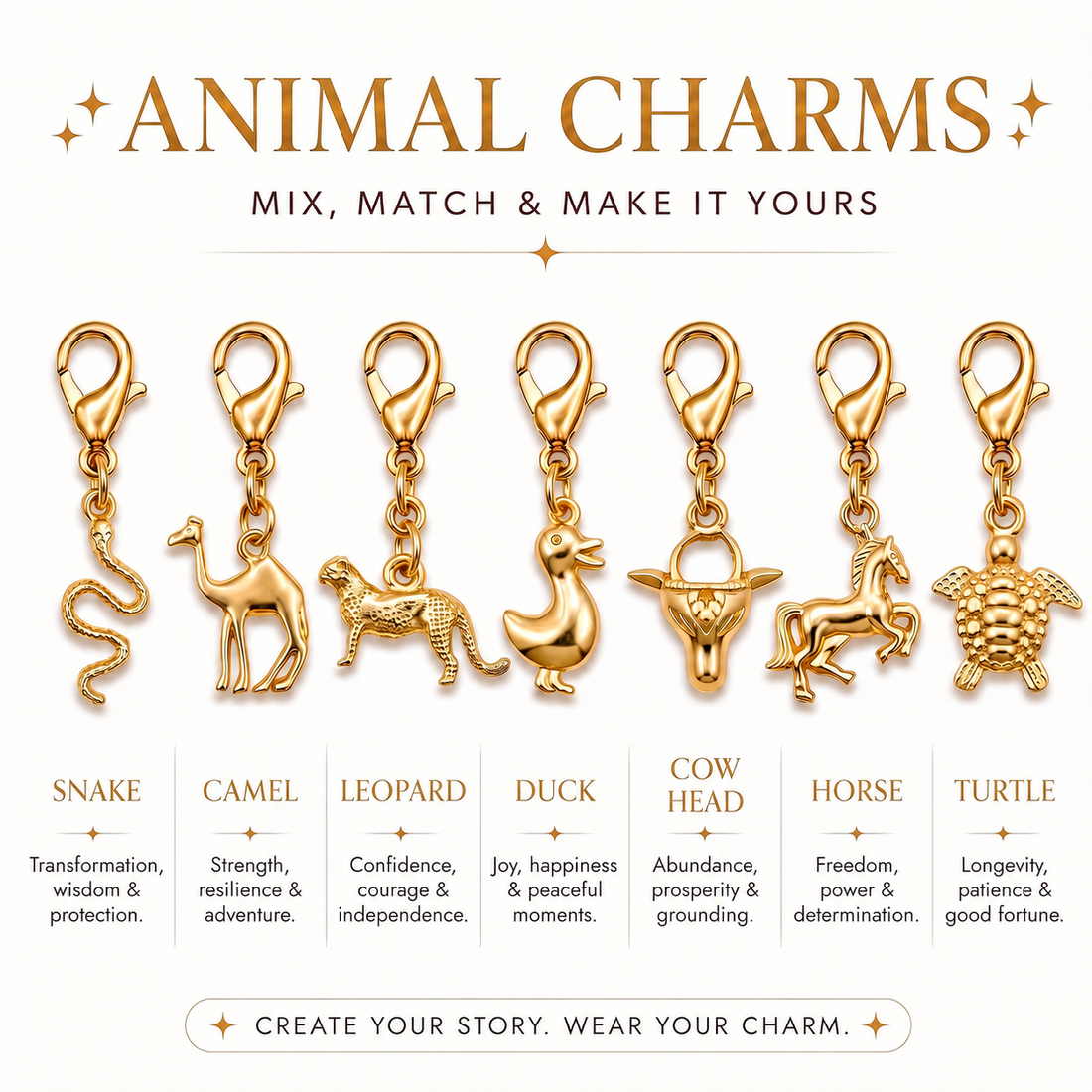 PRAO ANIMAL CHARMS SET ✨ Anti-Tarnish Gold Plated Necklace, Bracelet, Ring, Earrings & 7 Detachable Charms (Complete Set)