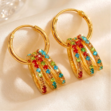 PRAO Earrings Anti-Tarnish Multicoloured Crystal Rings With Golden Hoops