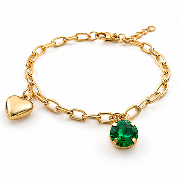 PRAO Bracelet Anti-Tarnish Gold Plated Emerald Green Crystal & Heart Charms (Adjustable Size)
