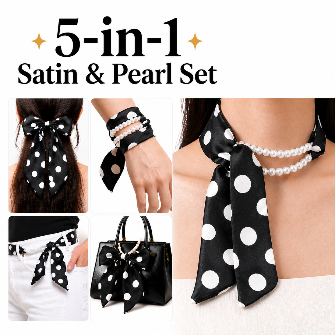 5-IN-1 Satin & Pearl Set: Necklace, Bracelet, Hair Tie, Waist Belt & Bag Charm