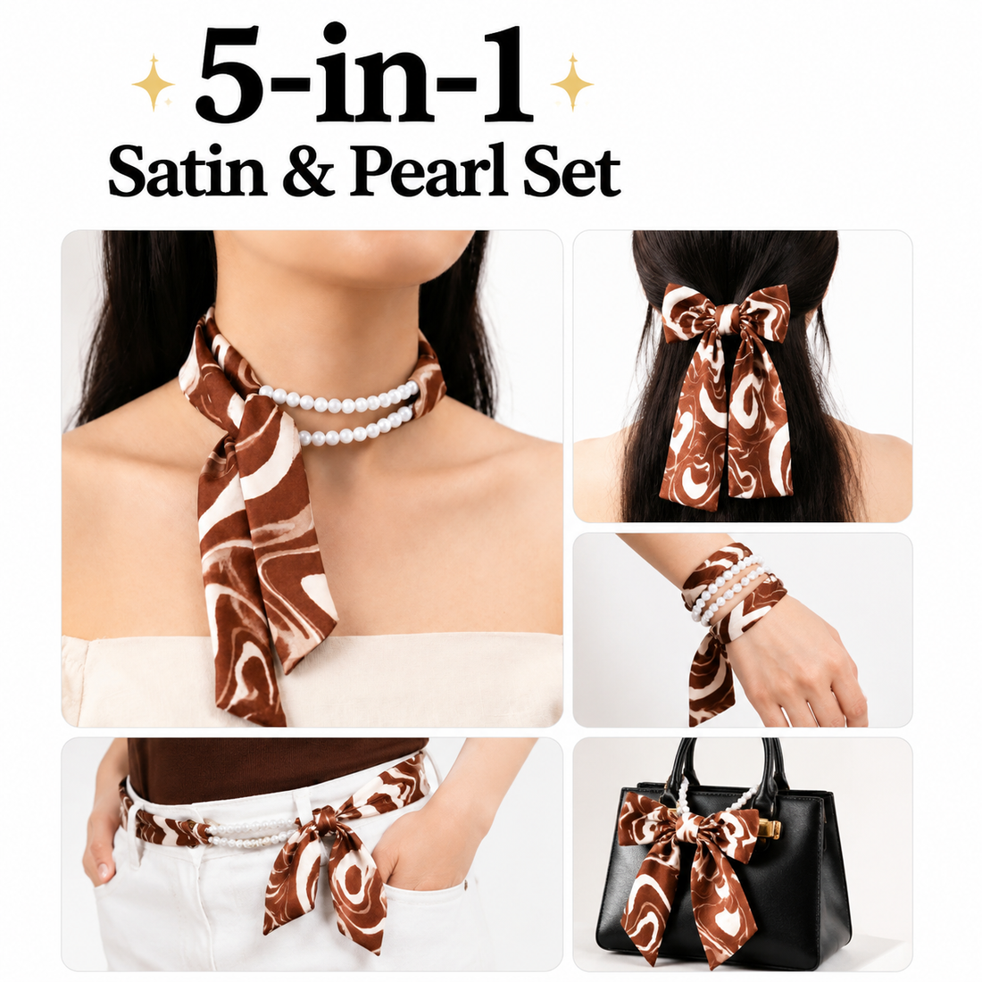 5-in-1 Satin & Pearl Set: Necklace, Bracelet, Hair Tie, Waist Belt & Bag Charm